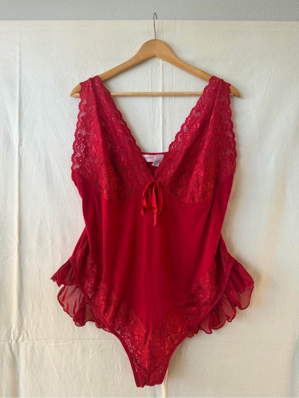 Red Lace-Trim Women's V-Neck Chemise Bodysuit
